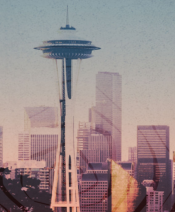 A stylized photo of the famous Space Needle building in Seattle.